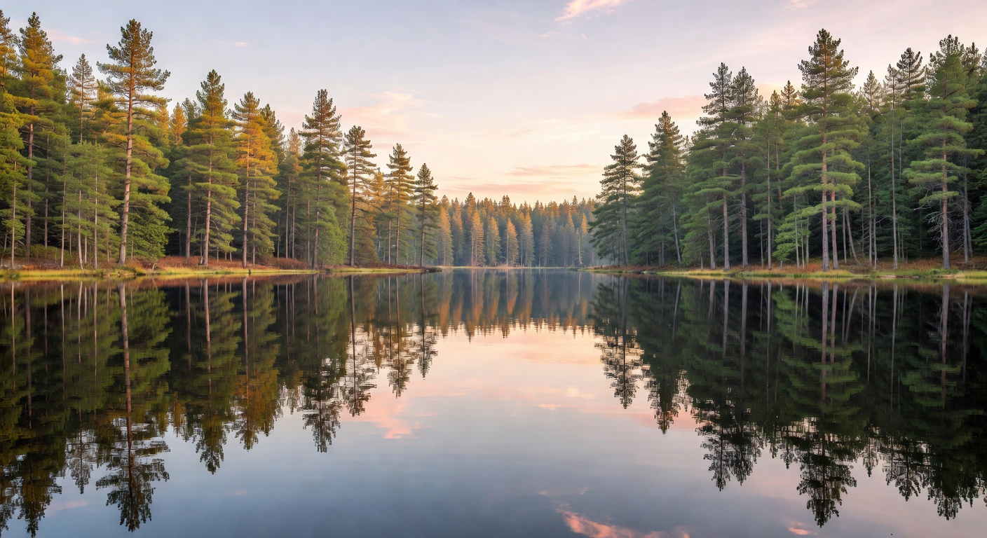 Beautiful landscape of a calm lake and pine forest