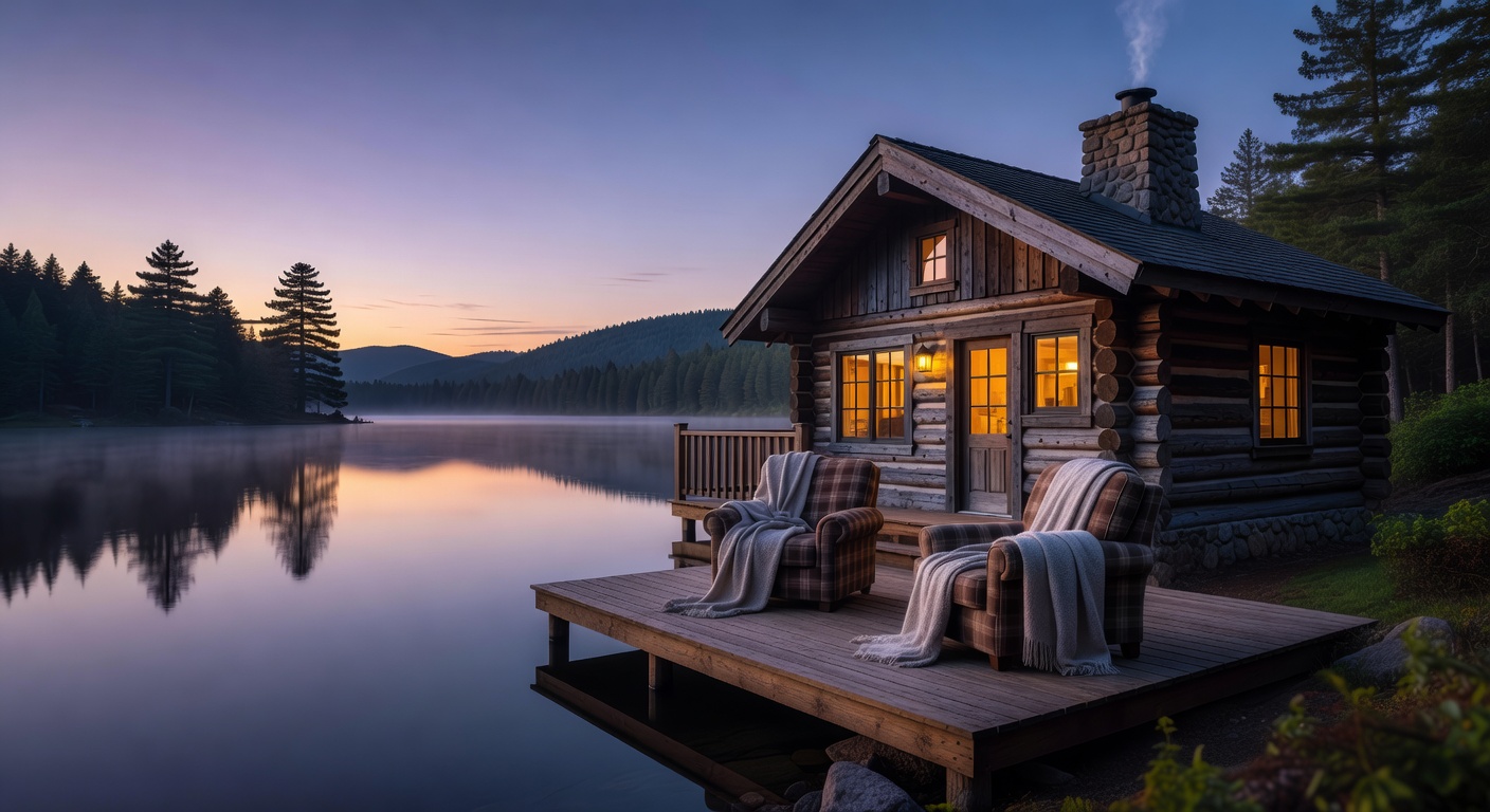 Lakefront Cabin exterior with warm glowing lights next to a serene lake
