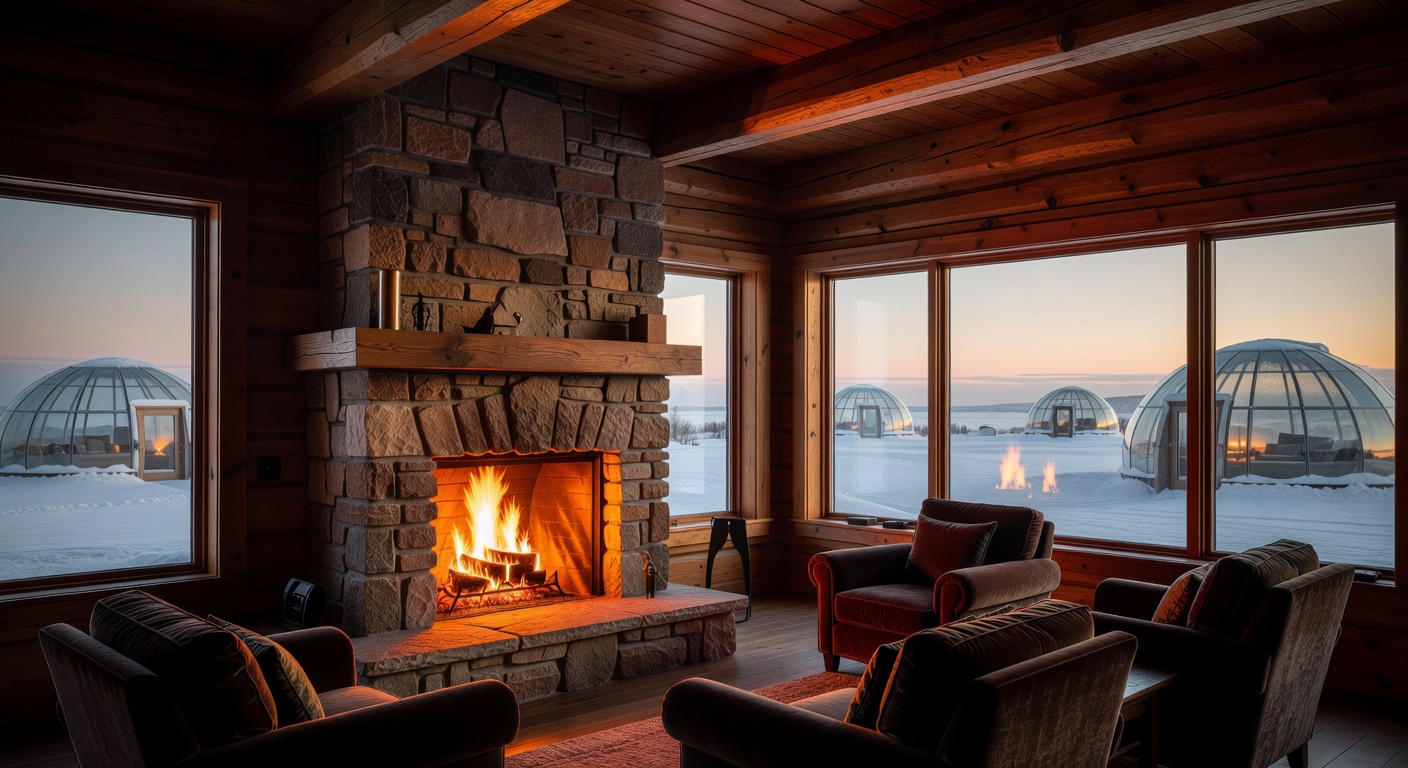 Interior view of a luxury wooden lodge with a burning fireplace