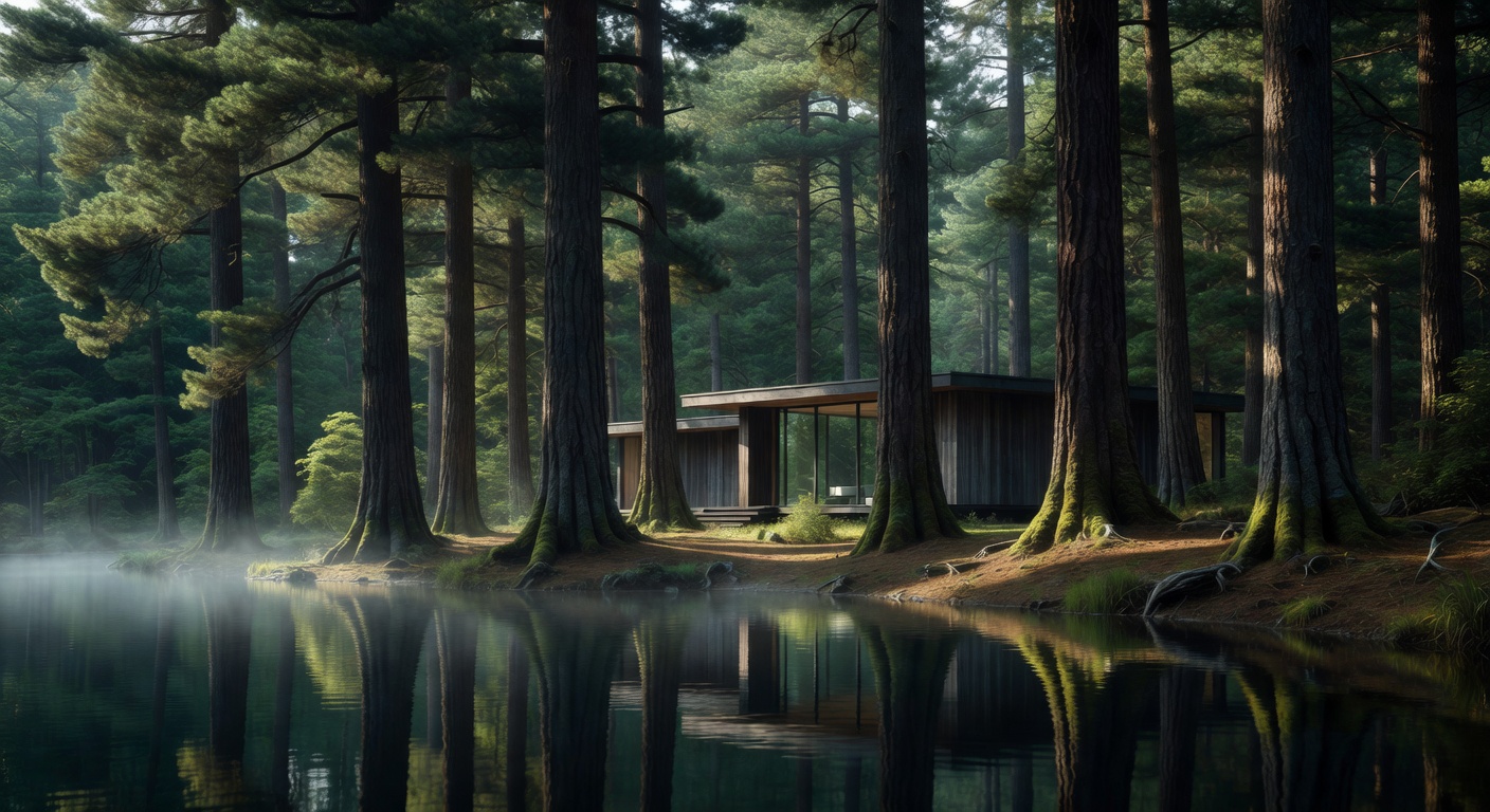 Modern villa nestled deep within tall pine trees