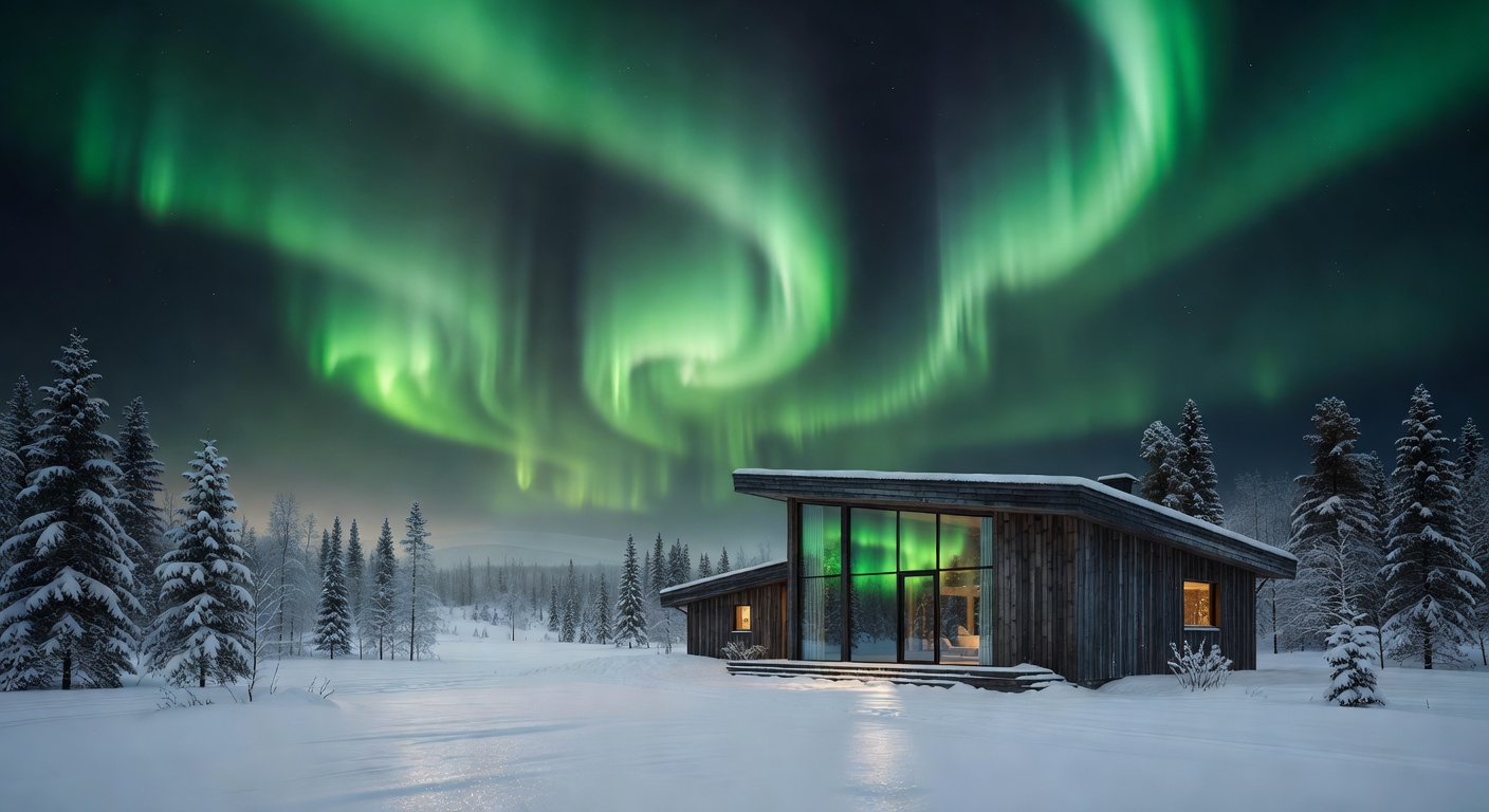 Spectacular green Northern lights over a dark winter landscape